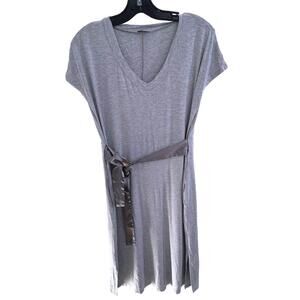 Fleur't Grey Short Sleeve V-Neck Midi Dress/Night Shirt & Satin Waist Tie - S